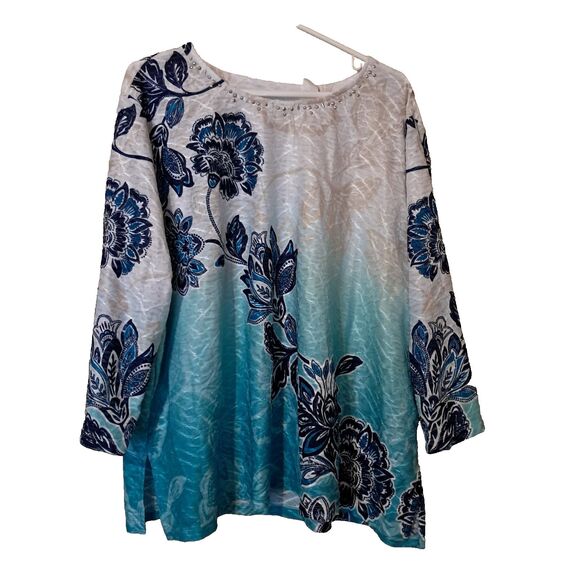 Alfred Dunner Women's 3/4 Sleeve Top Plus Size 3X Blouse Rhinestones Floral - Picture 1 of 9